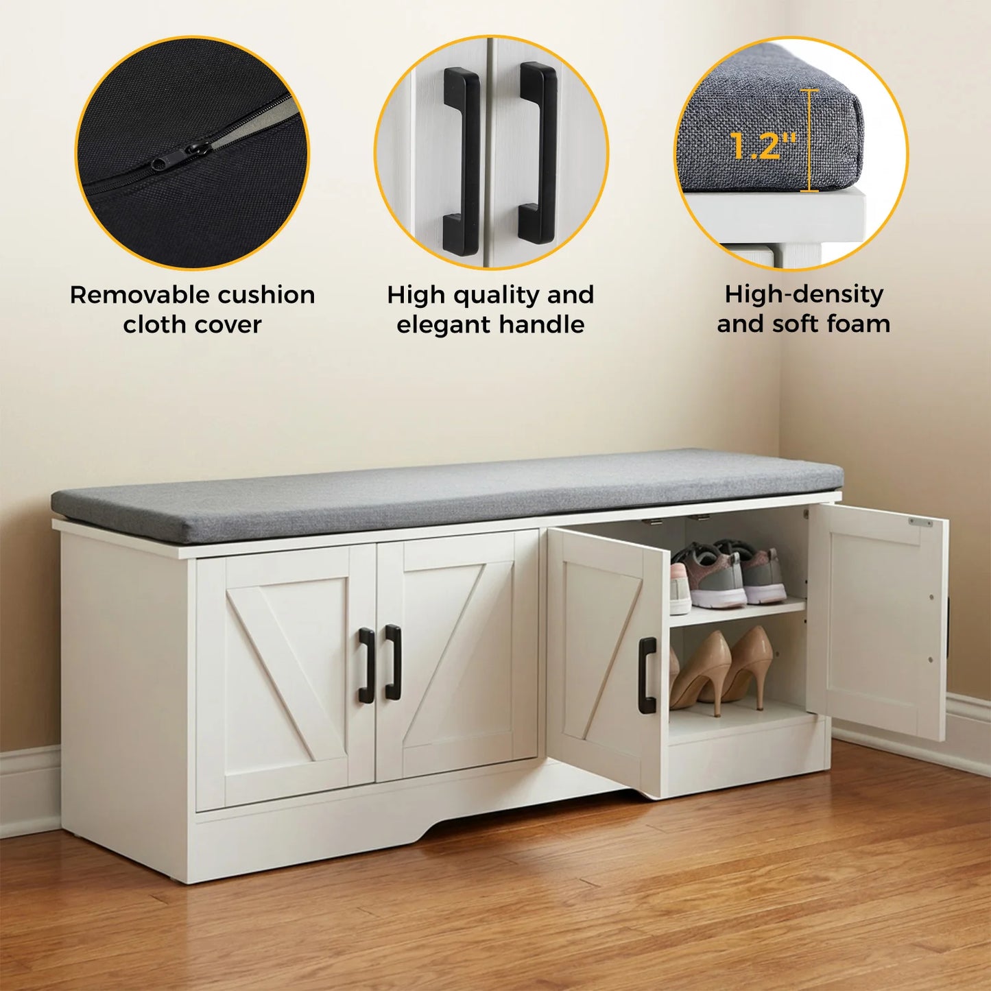 JHK Wooden Shoe Storage Bench With Padded Seat For Entryways