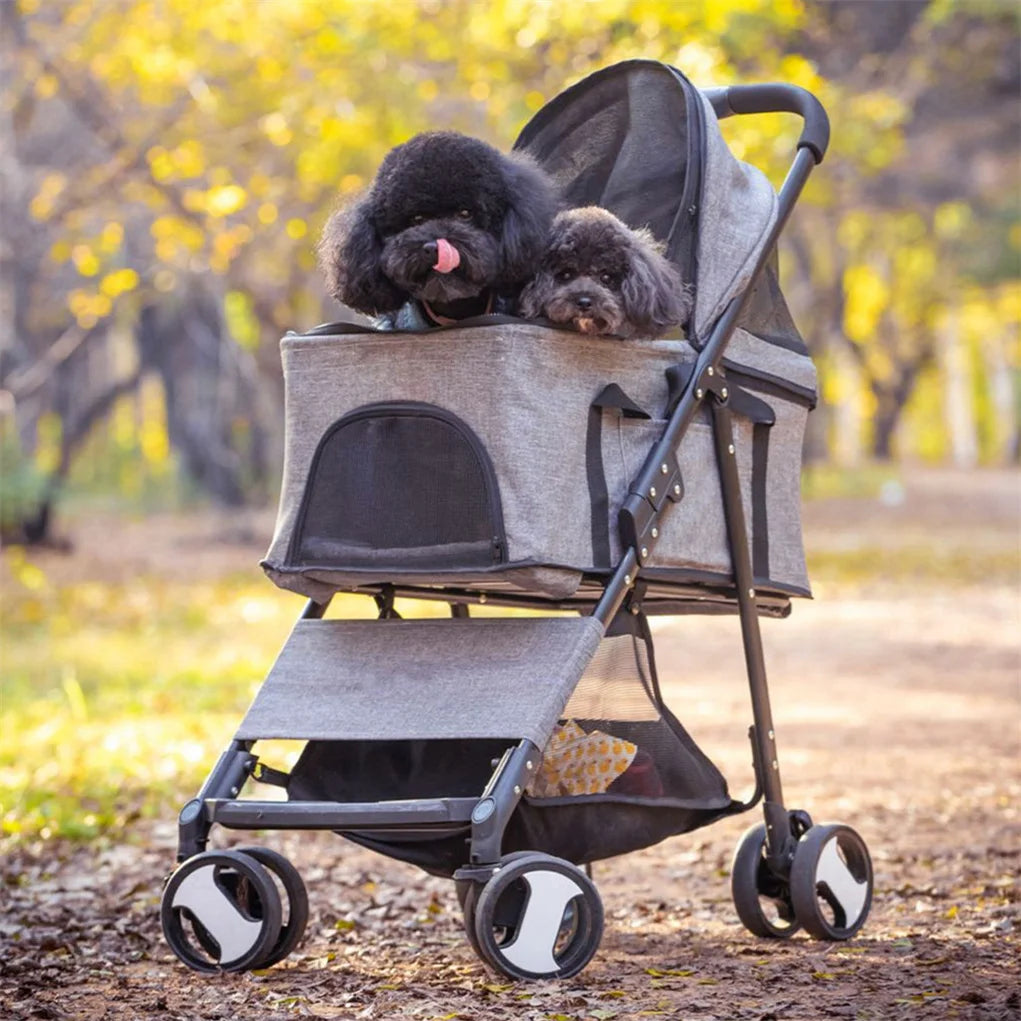 Foldable Pet Dog Stroller With Four Wheels And Storage Basket