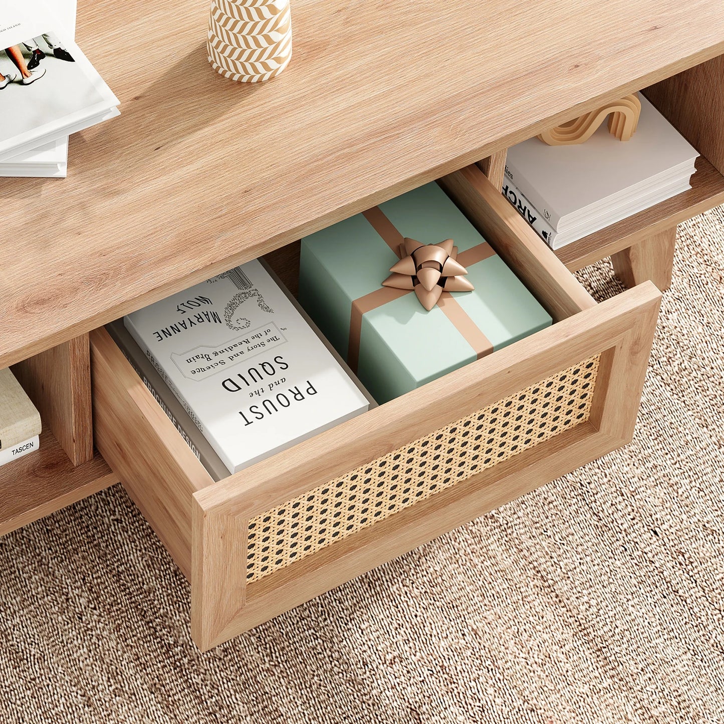 Farini Mid Century Modern Coffee Table With Rattan Drawer