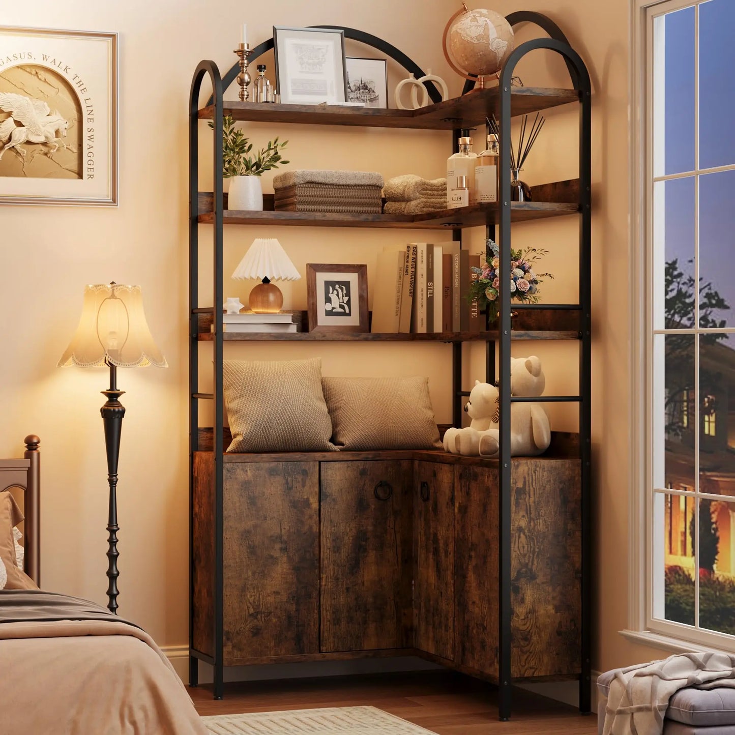HiMiss Arched Corner Bookcase With Cabinet Storage Shelf Unit