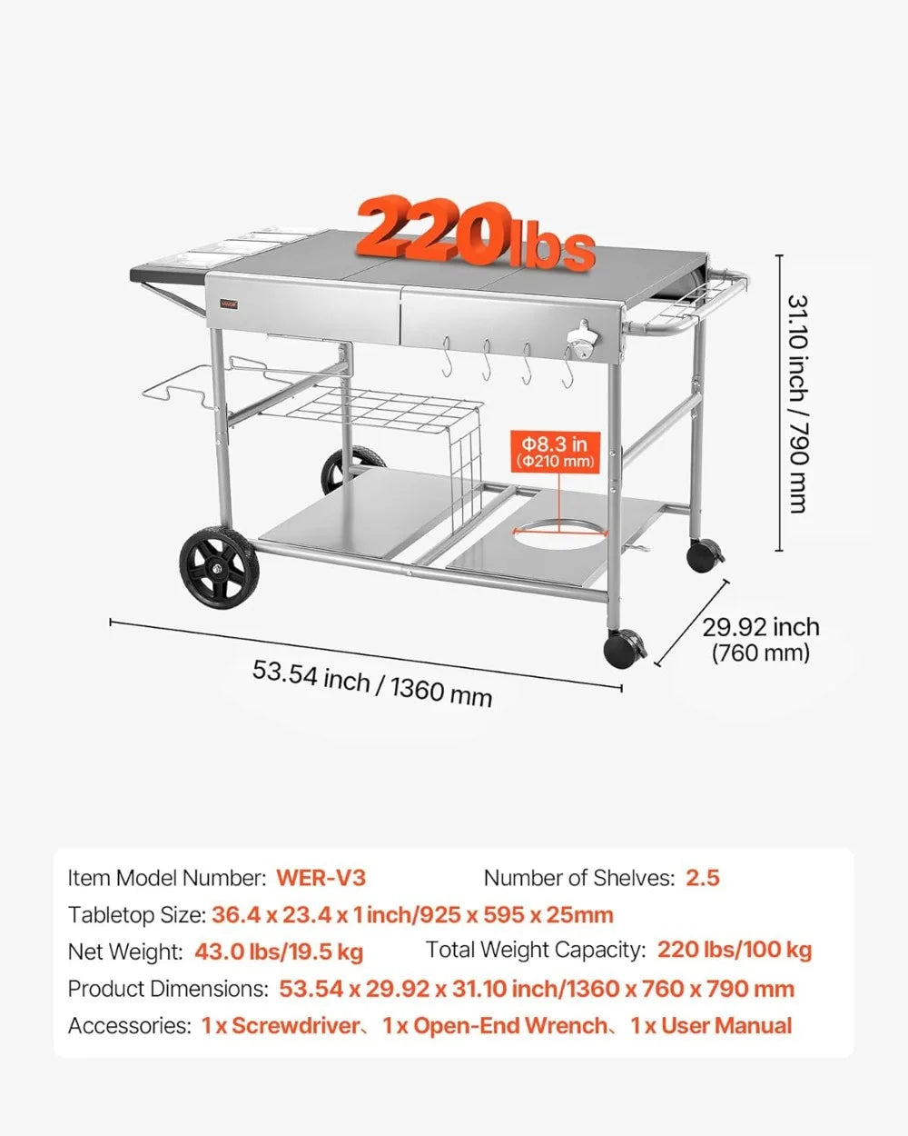 Outdoor Grill Cart With Wheels Movable BBQ Prep Table Picnic