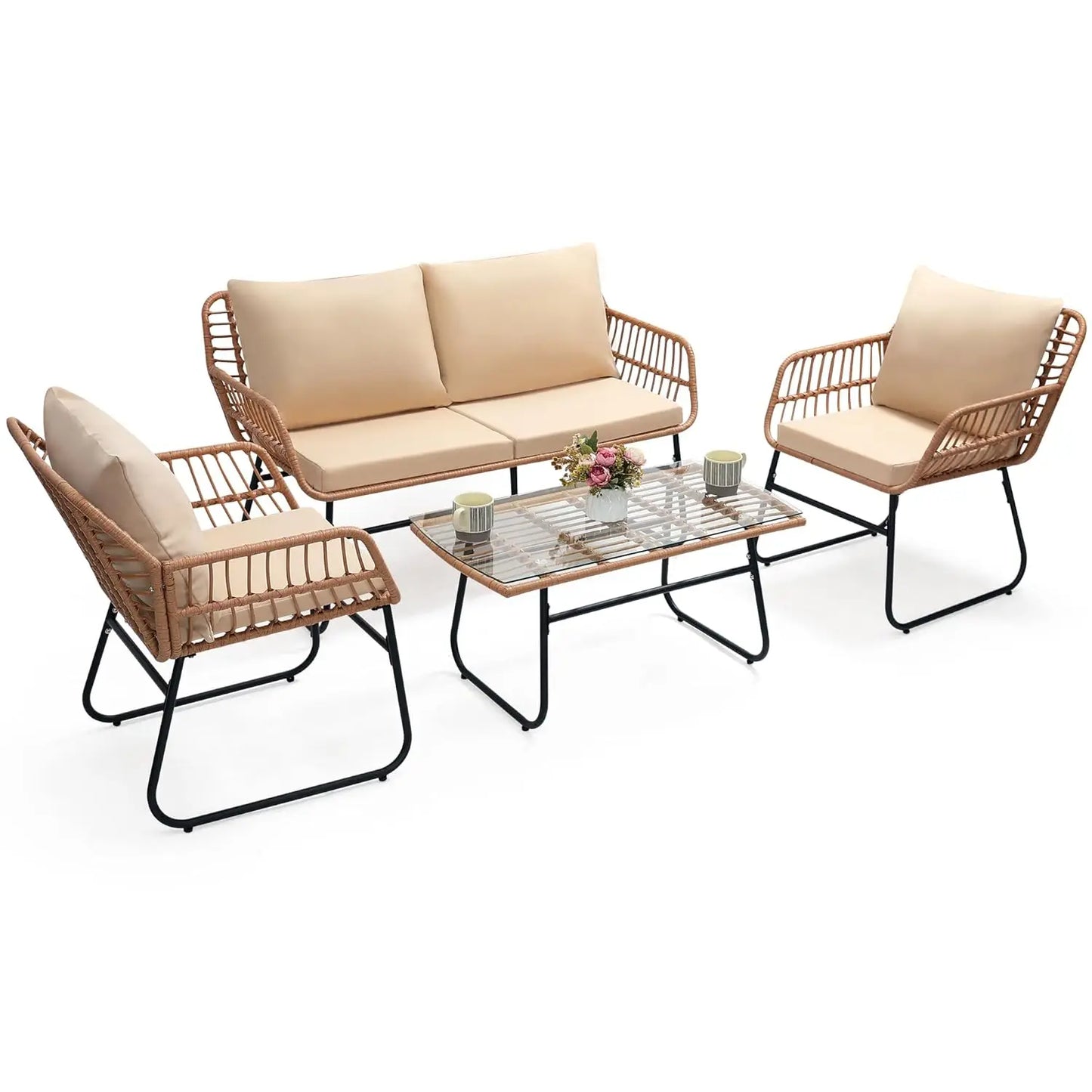 4 Piece Patio Bistro Outdoor Furniture Set Wicker Sofa and Table for Backyard
