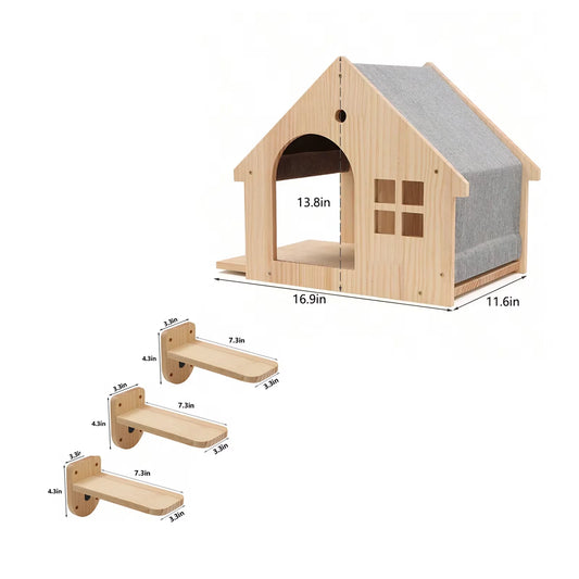Wooden Wall Mounted Cat Condo Villa Shelf For Cats