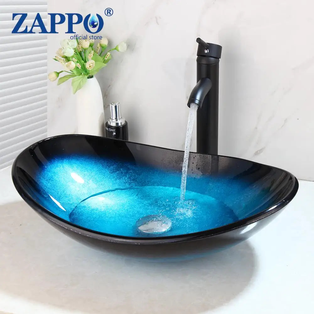 Mekkhalia Tempered Glass Oval Vessel Sink With Waterfall Faucet