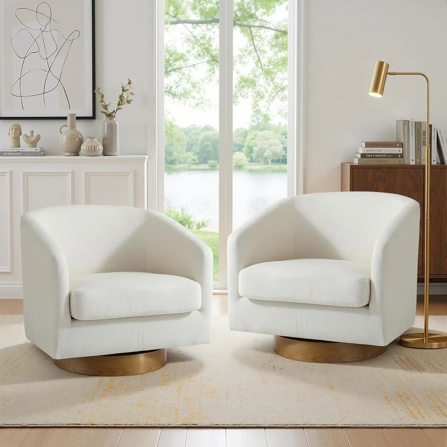 Swivel Accent Chair Set Of 2 Fabric Upholstered Barrel Armchairs