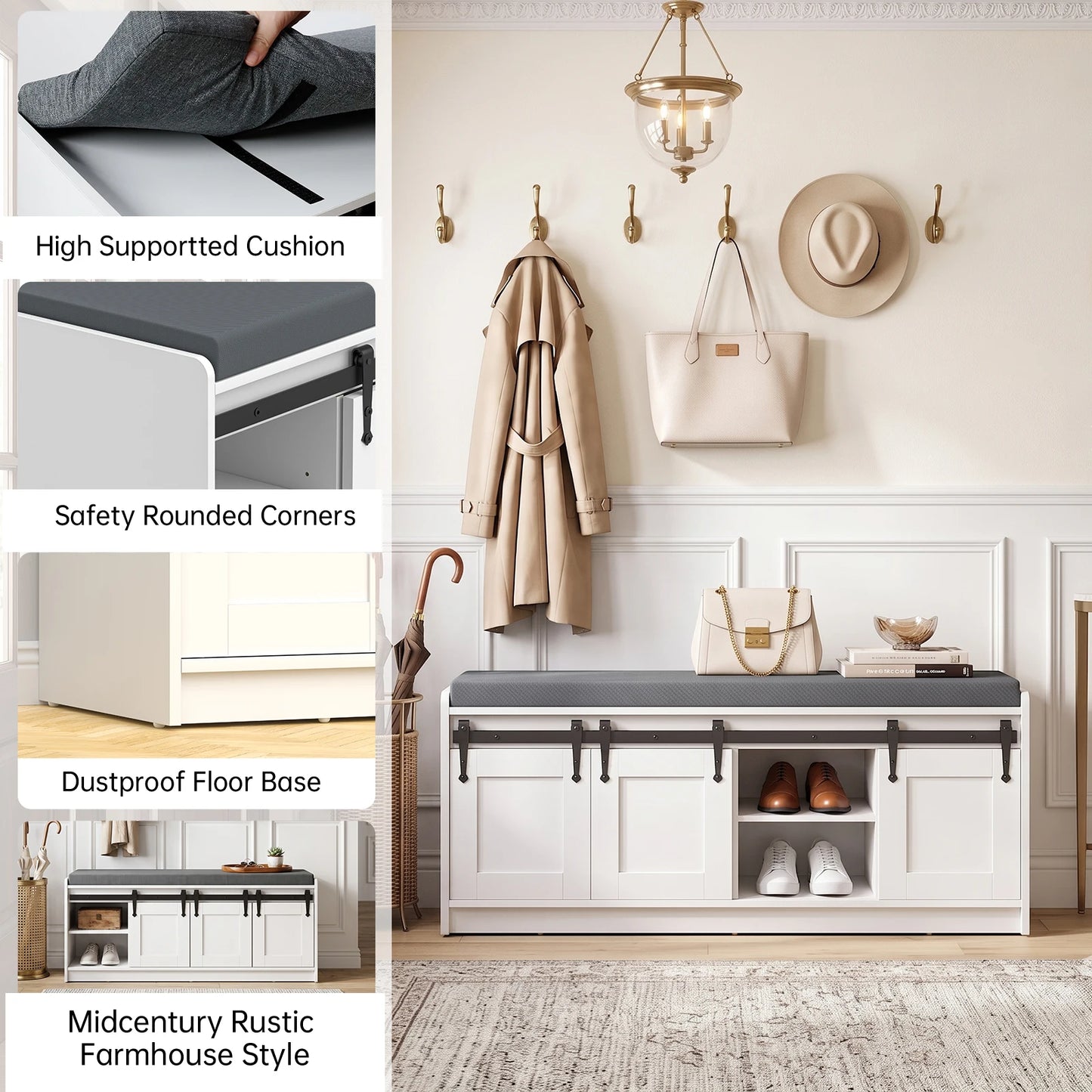 TinyNest Farmhouse Shoe Bench With Padded Seat And Sliding Doors