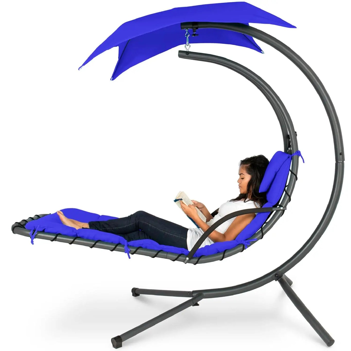 Curved Steel Outdoor Hanging Chaise Lounge Removable Canopy Pillow