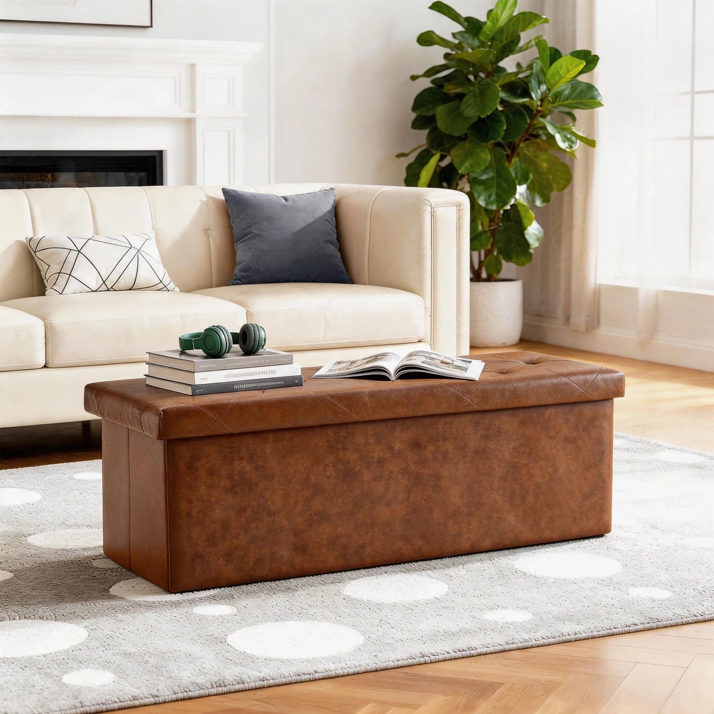 Tufted Faux Leather Storage Bench Ottoman 400lb Capacity Bedroom
