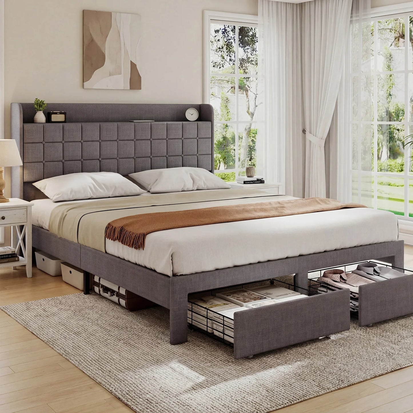 JHK Wood Bed Frame With Upholstered Headboard And Storage Drawers