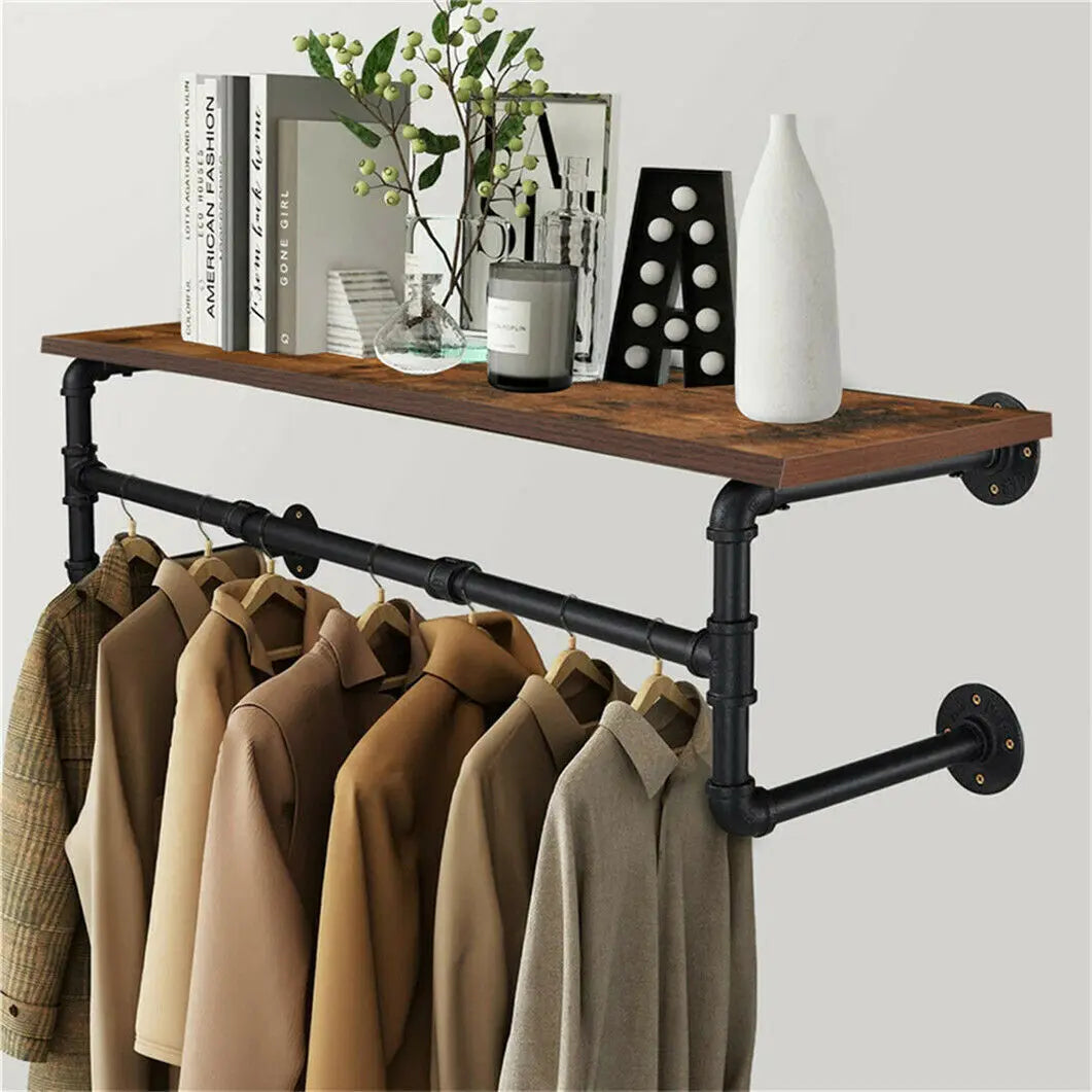 Industrial Pipe Wall Mounted Clothing Rack With Wood Shelf