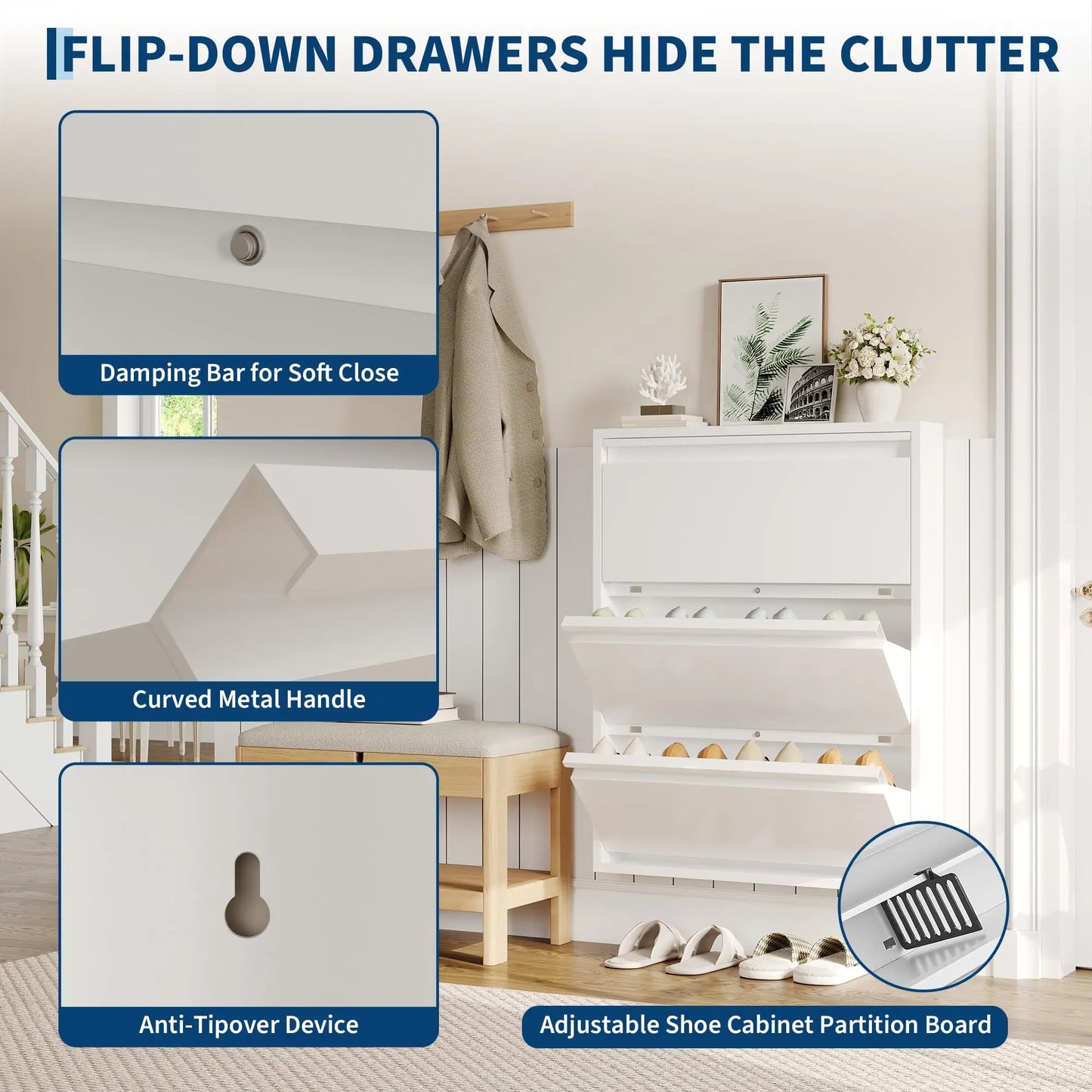 HiMISS Slim Metal Entryway Shoe Cabinet With Three Drawers