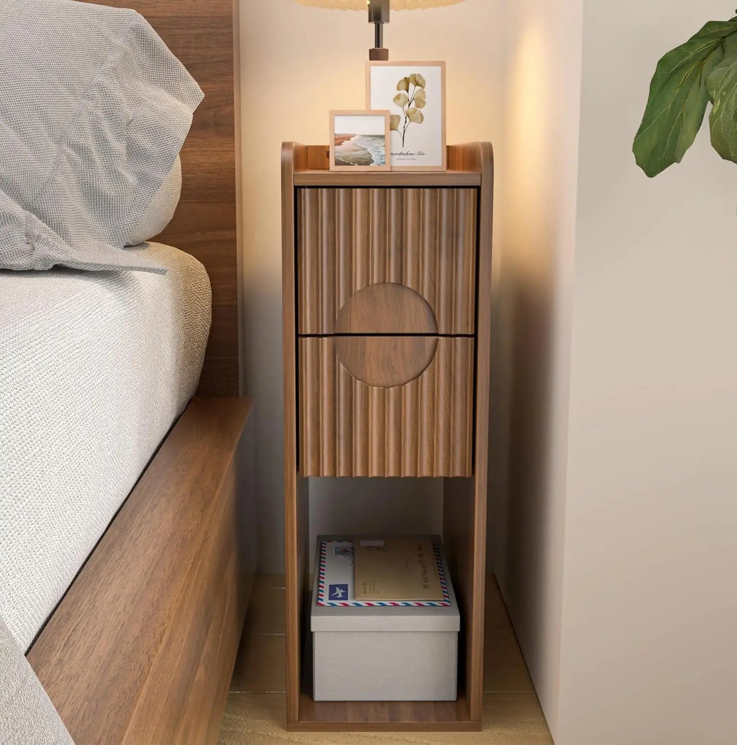 Narrow Fluted Nightstand Set Of 2 Wooden Two Drawer Bedside Tables