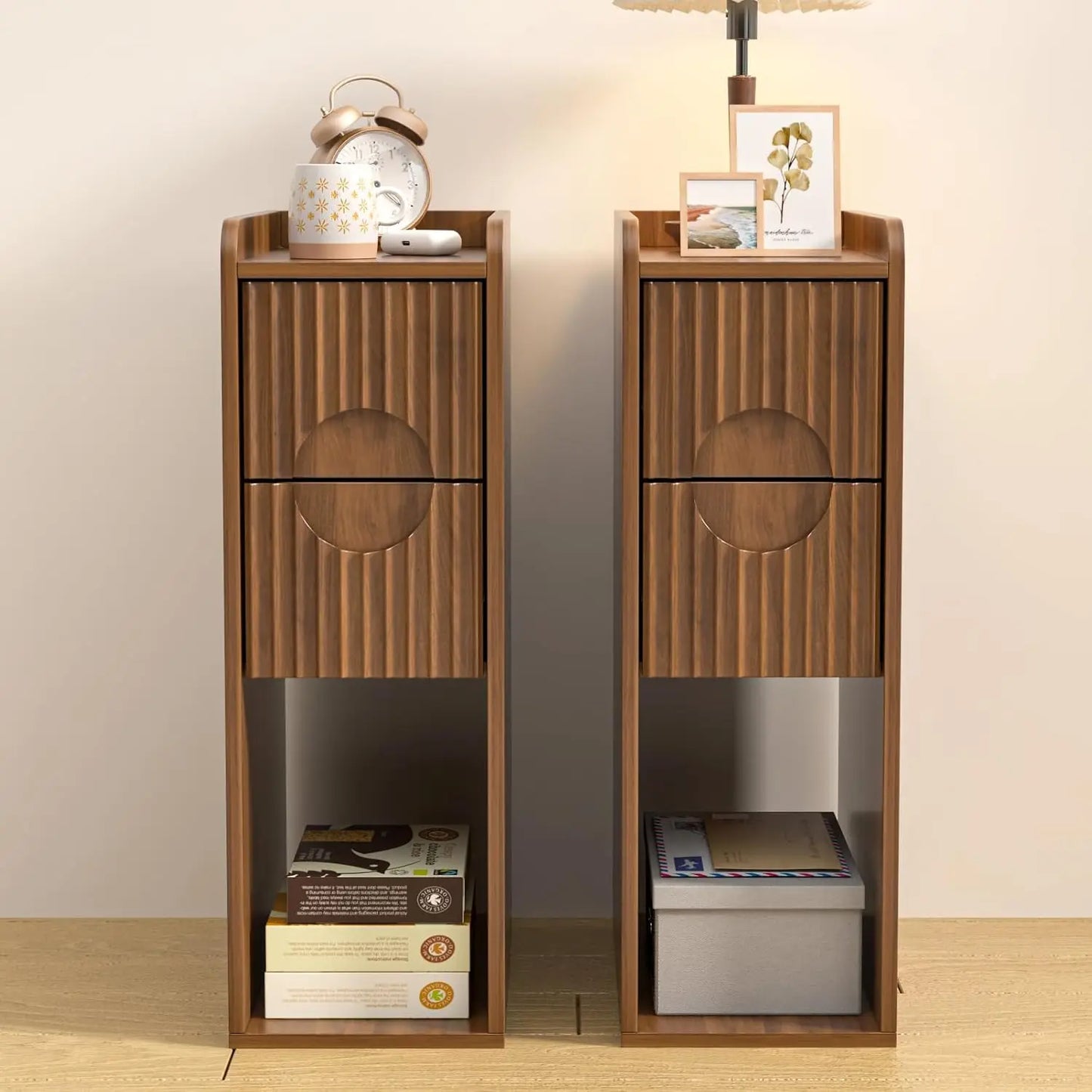 Narrow Fluted Nightstand Set Of 2 Wooden Two Drawer Bedside Tables