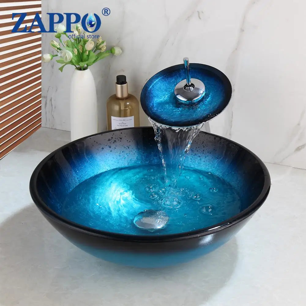 Mekkhalia Tempered Glass Oval Vessel Sink With Waterfall Faucet