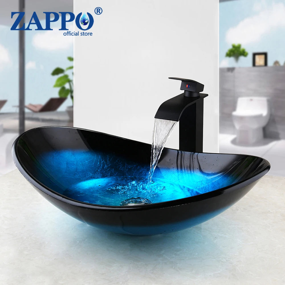 Mekkhalia Tempered Glass Oval Vessel Sink With Waterfall Faucet