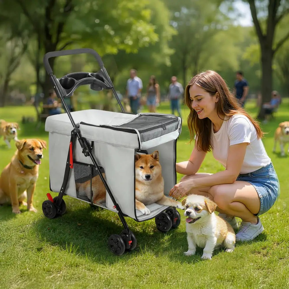 Foldable Pet Stroller With Swivel Wheels And Ventilation Panels