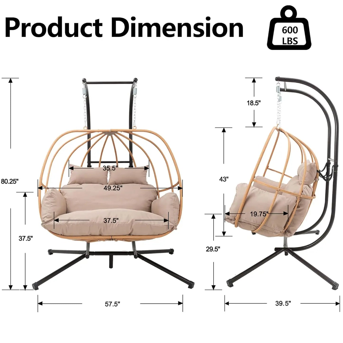 Double Egg Hanging Swing Chair With Stand Cushions Headrest