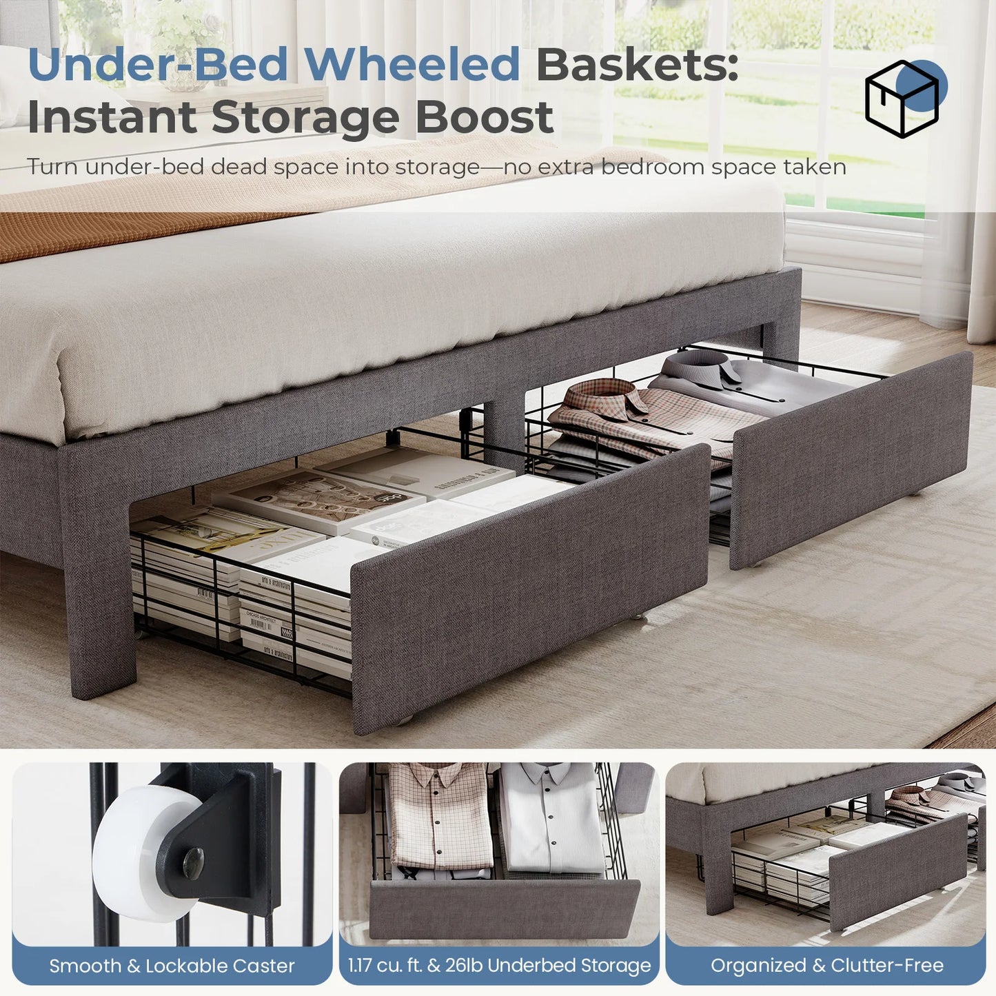 JHK Wood Bed Frame With Storage Drawers And Headboard