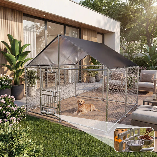 Heavy Duty Outdoor Dog Kennel Featuring Dual Doors And Bowls
