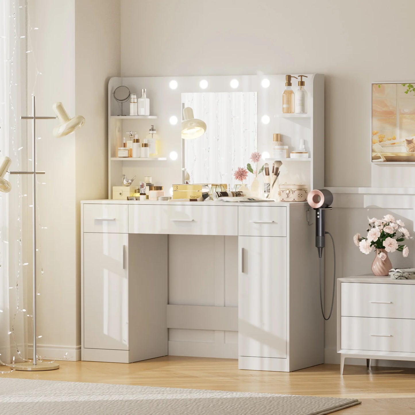 Jhk Bedroom Vanity Desk With Lighted Mirror And Wood Storage