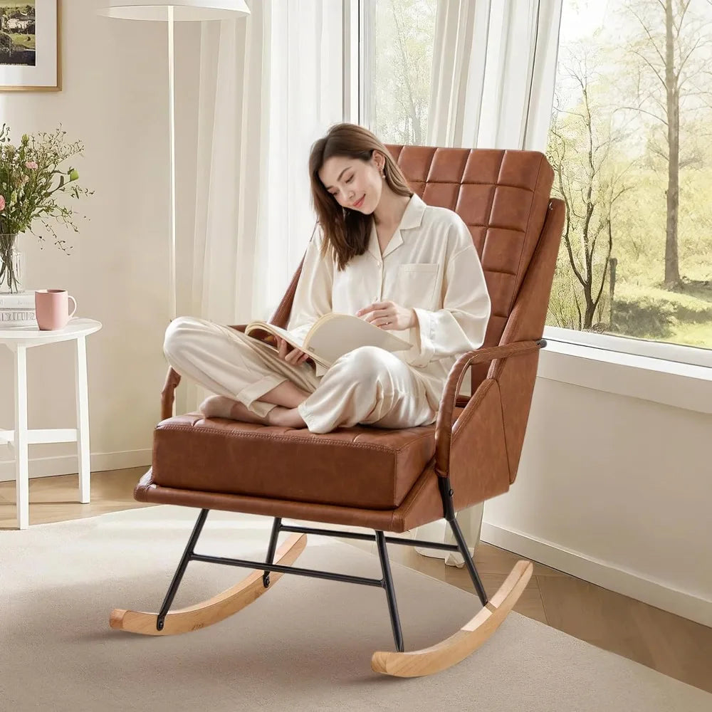 Nursery Rocking Chair Glider With High Backrest Upholstered Faux Leather