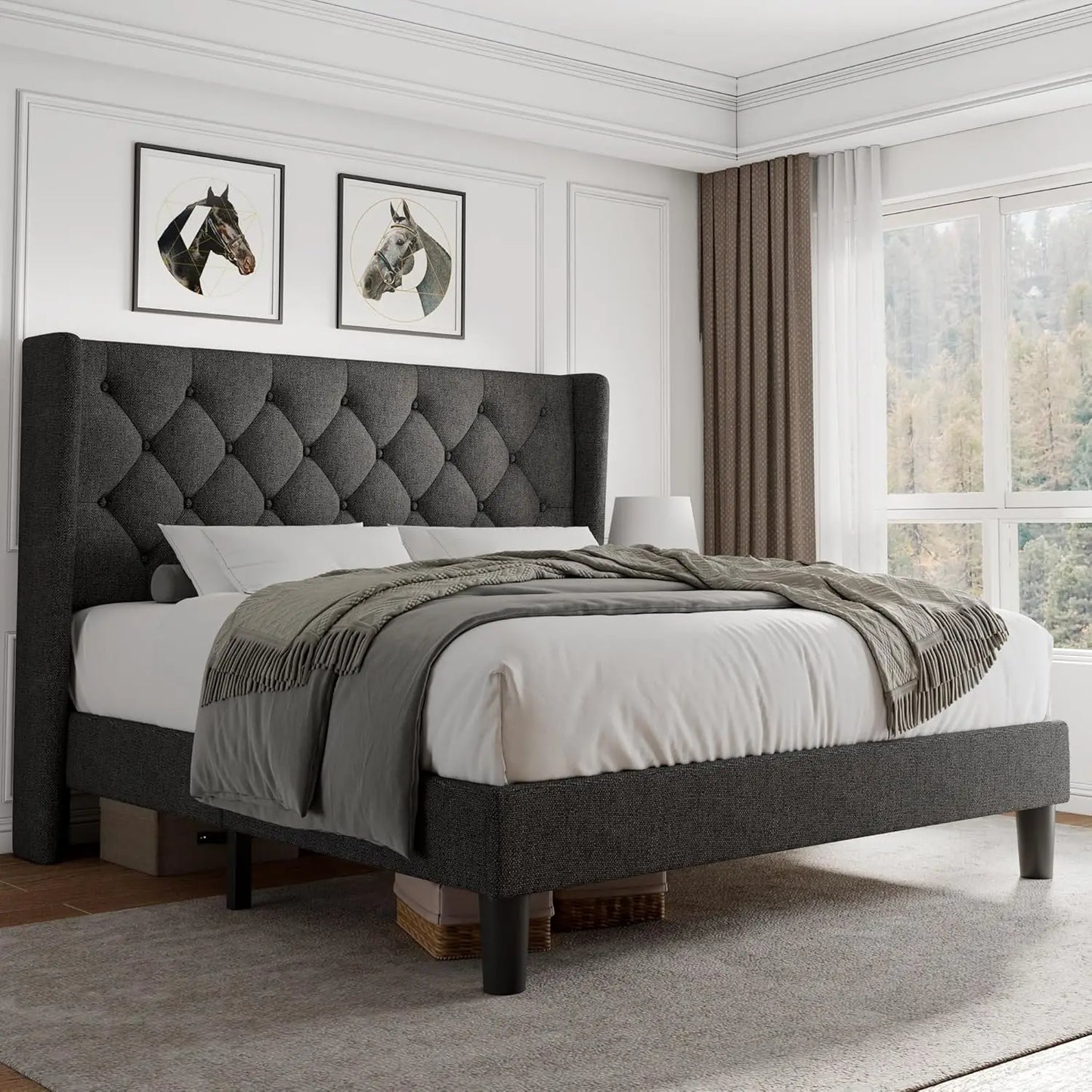 Velvet Platform Bed Frame With Button Tufted Upholstery Noise Free Assembly
