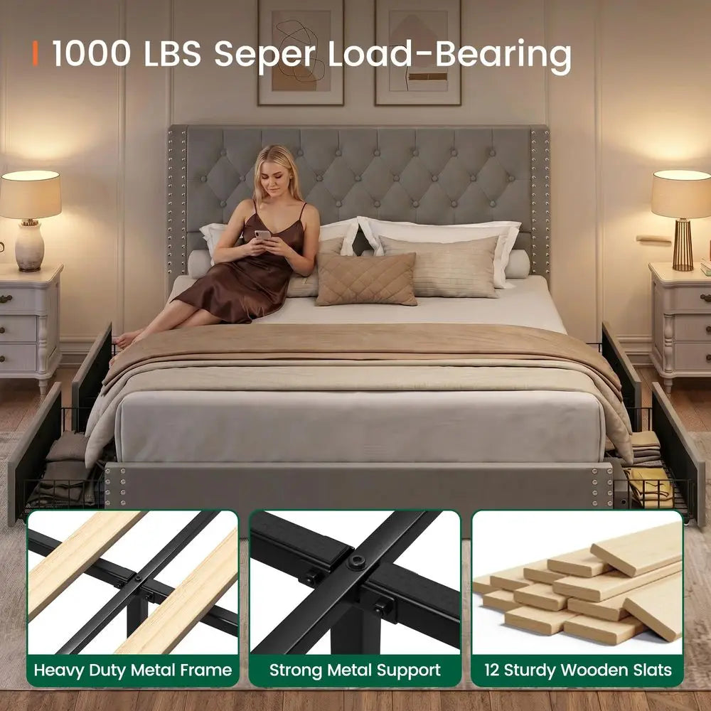 Velvet Upholstered Bed Frame With Tufted Headboard 4 Storage Drawers
