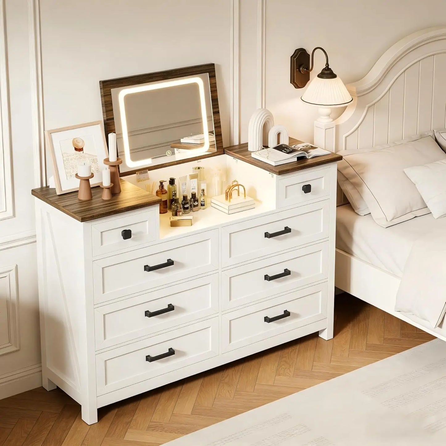 Dresser With LED Mirror 8-Drawer Wood Chest For Bedroom