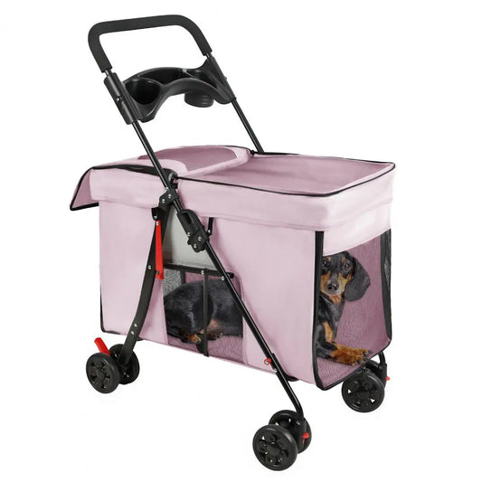 Foldable Pet Stroller With Swivel Wheels And Ventilation Panels
