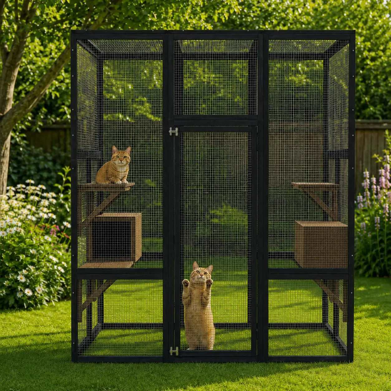 HiMISS Wooden Outdoor Catio Cat Enclosure With Five Platforms
