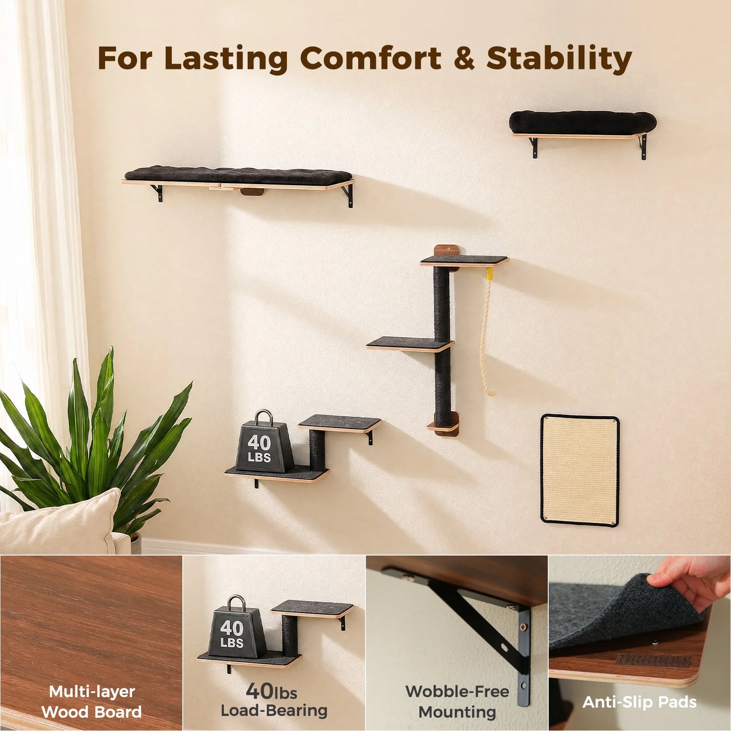 PAWZ Road Wooden Cat Wall Shelves With Sisal Scratching Posts