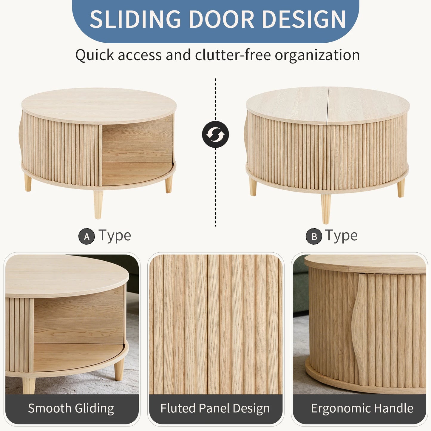 JHK Round Coffee Table With FlipTop Storage And Cabinet