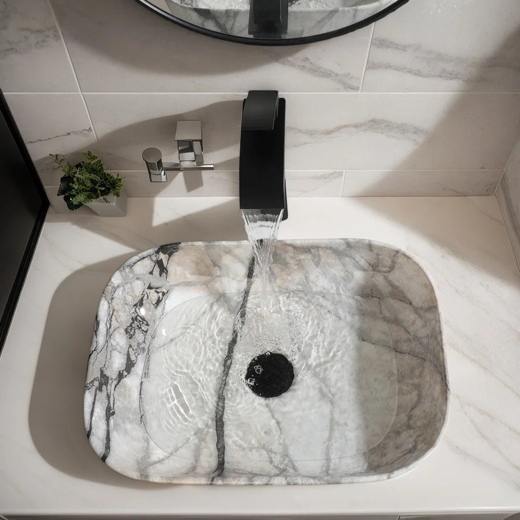 Mekkhala Rectangular Ceramic Vessel Bathroom Sink Set With Drainer
