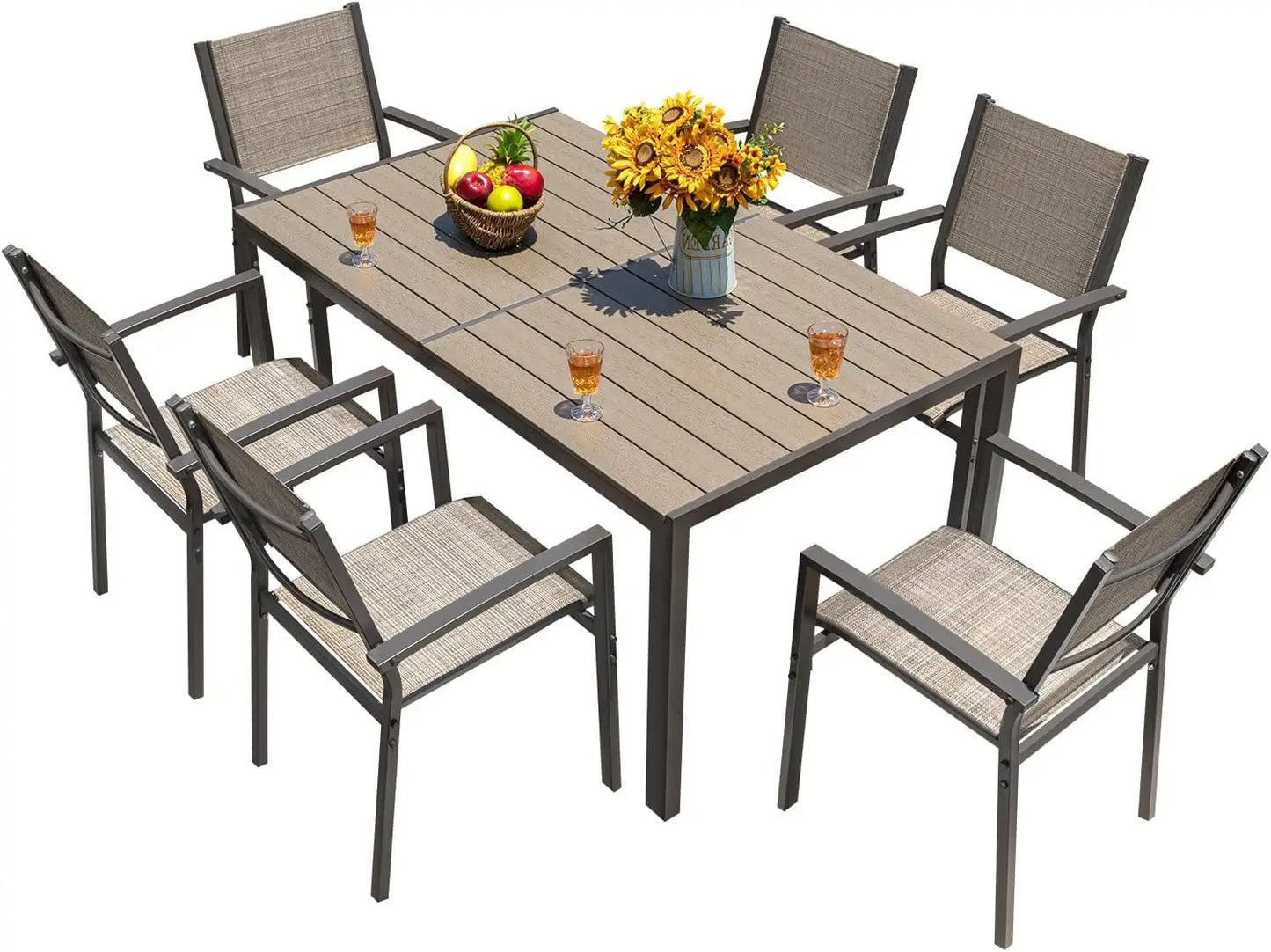 Outdoor Patio Dining Set 7 Pieces With Large Table And Textilene Chairs