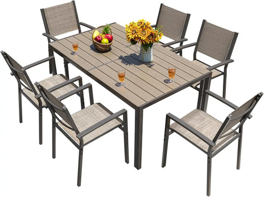 Outdoor Patio Dining Set 7 Pieces With Large Table And Textilene Chairs