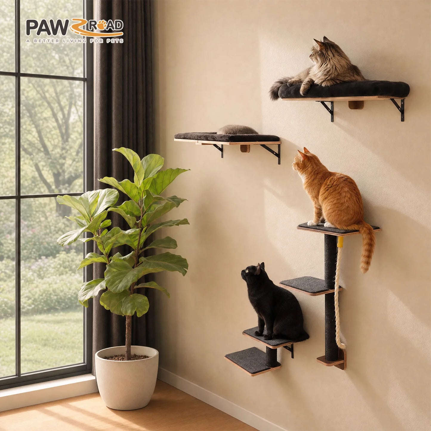 PAWZ Road Wooden Cat Wall Shelves With Sisal Scratching Posts