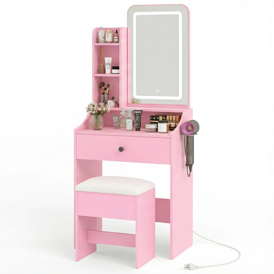 JHK Modern Wooden Vanity Set With Mirror And Storage Bench