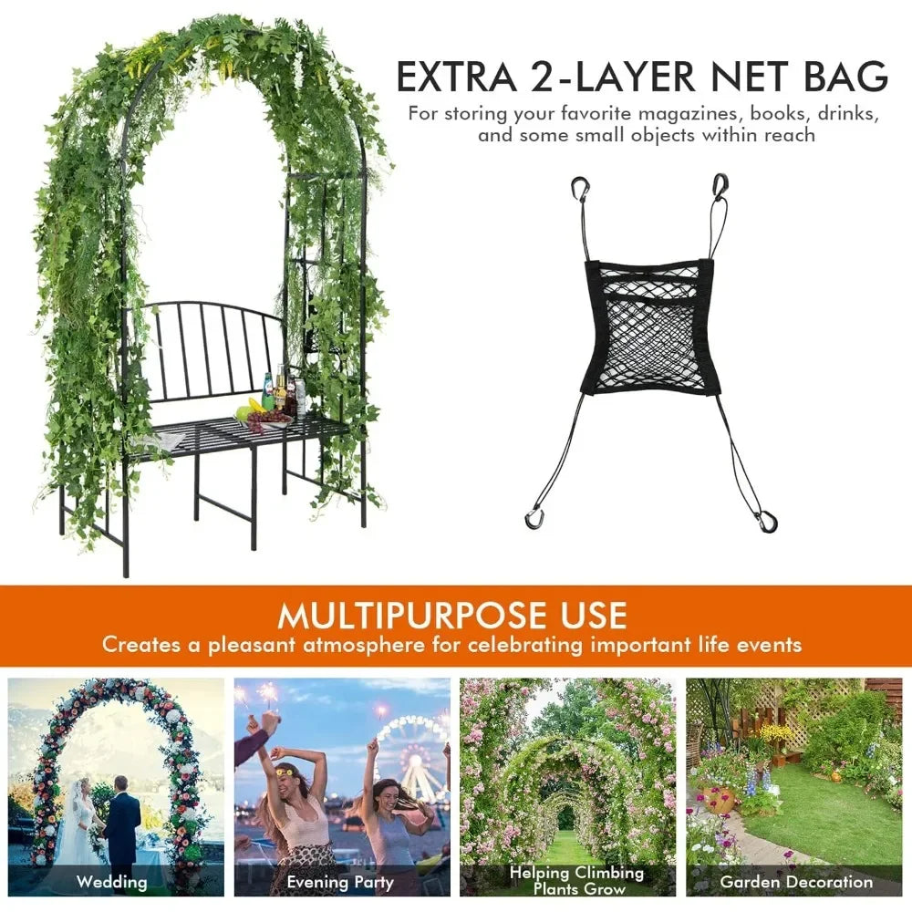 Metal Garden Arch With Bench For Climbing Plants And Vines