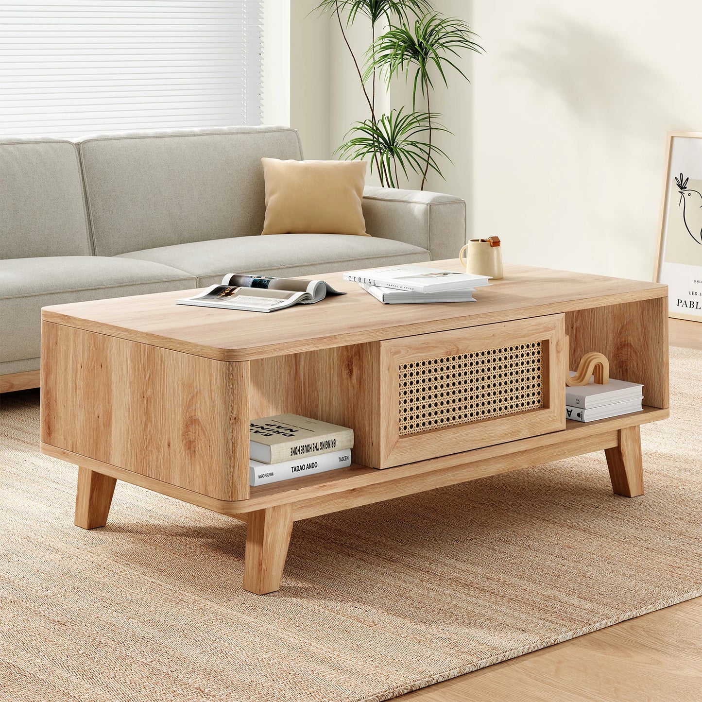 Farini Mid Century Modern Coffee Table With Rattan Drawer