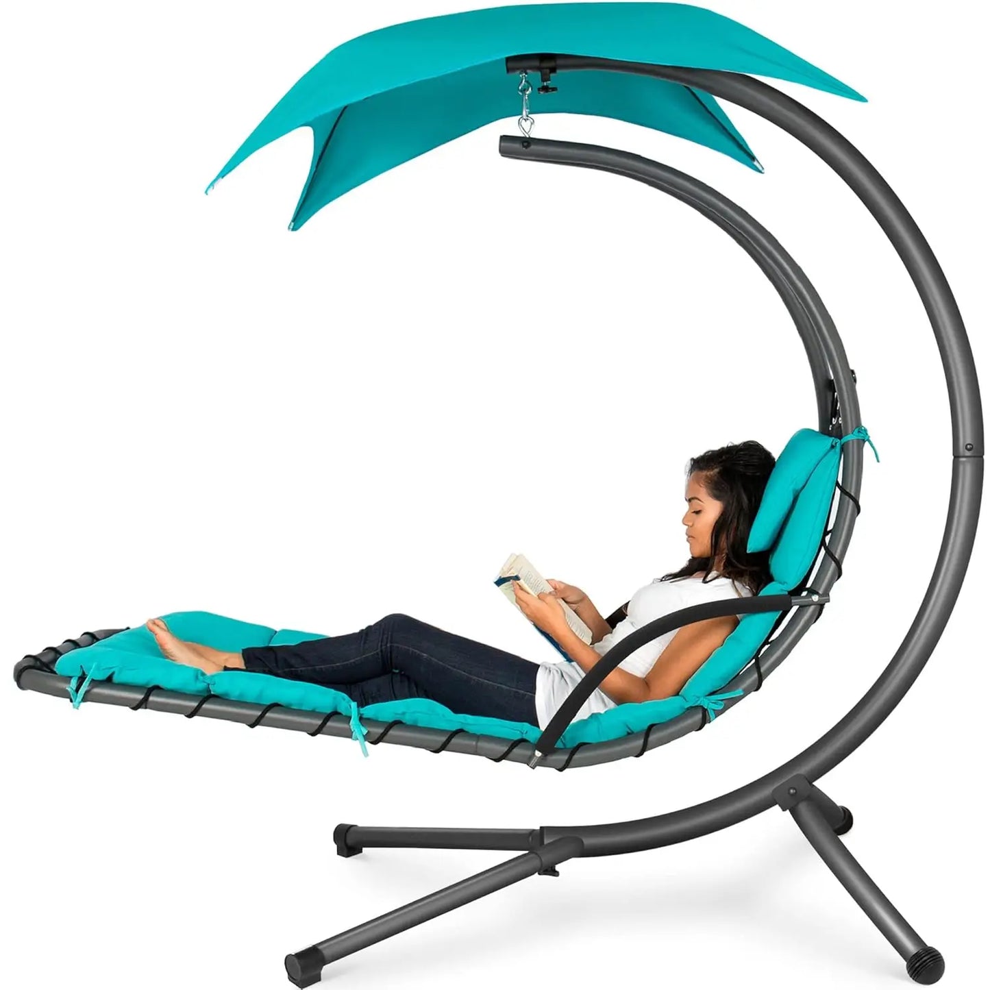 Curved Steel Outdoor Hanging Chaise Lounge Removable Canopy Pillow