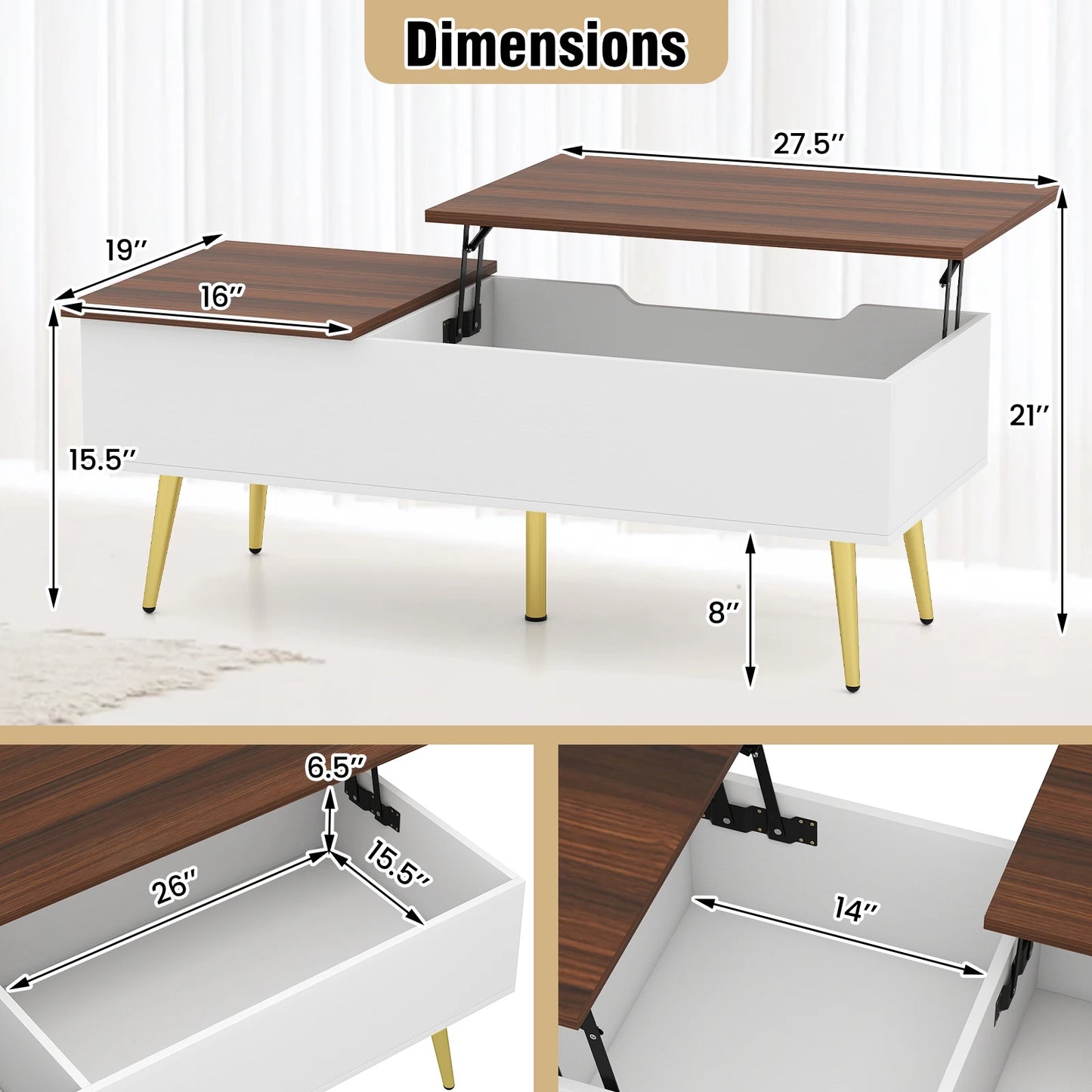 Homasis Lift Top Coffee Table With Twin Hidden Compartments