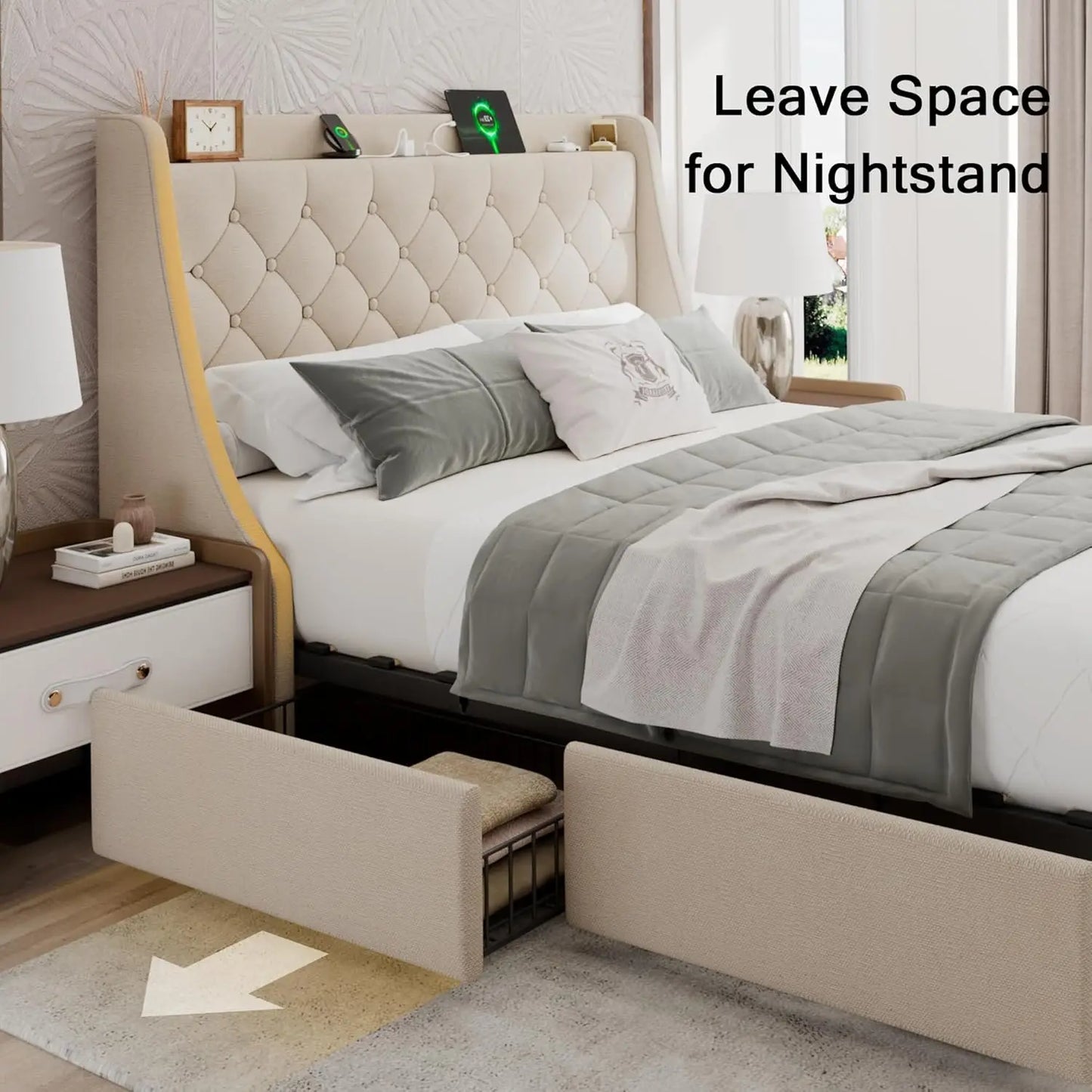 Upholstered Bed Frame With Storage Drawers And USB Charging Station