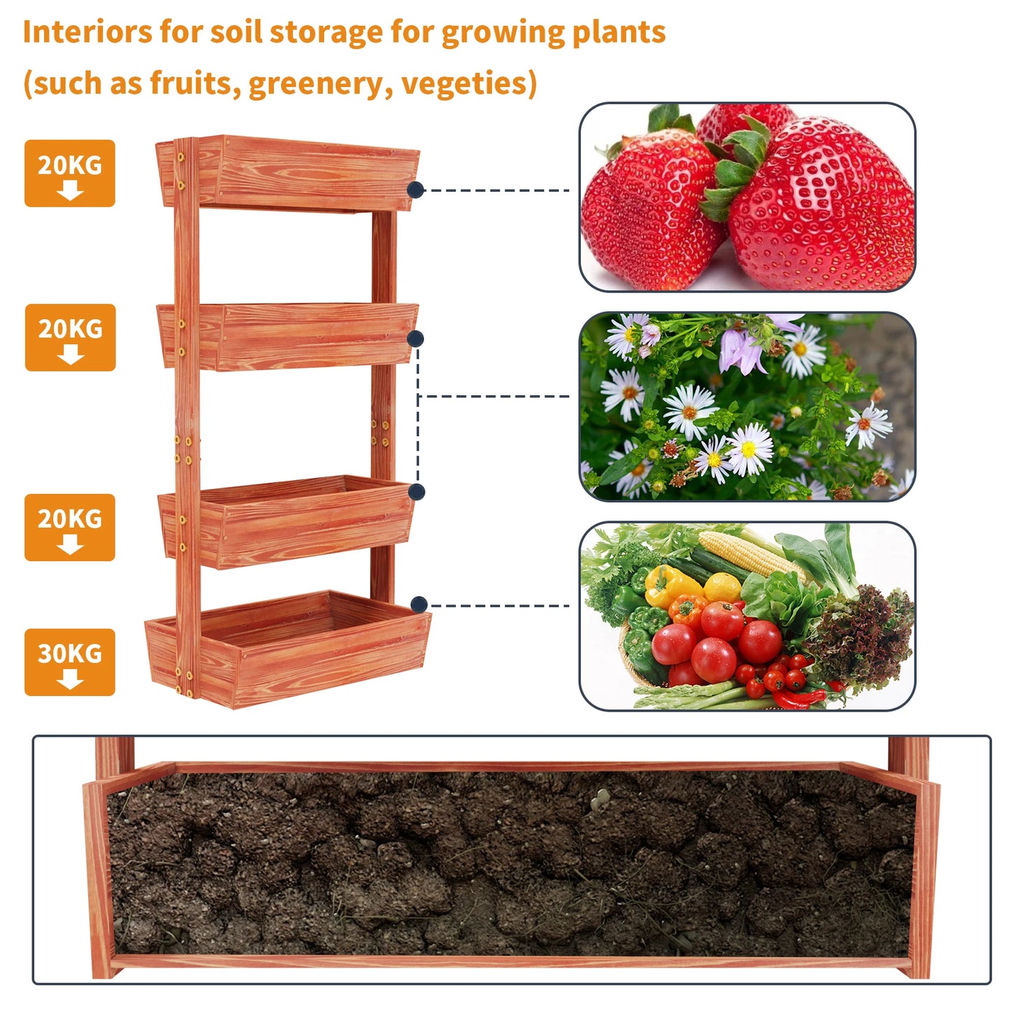 Four Tier Solid Wood Raised Garden Bed Planter Stand