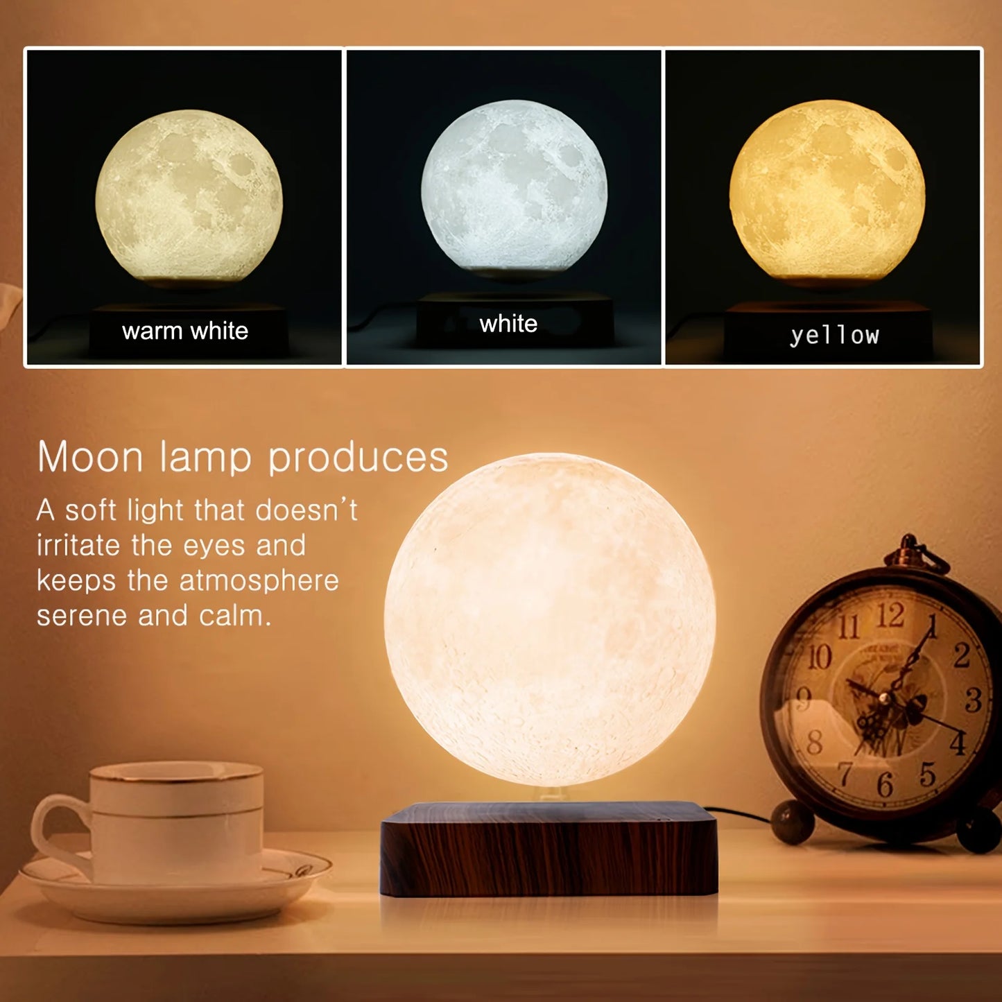 Mexllex Magnetic Floating Moon Lamp With Wooden Base 3 Color LED Night Light