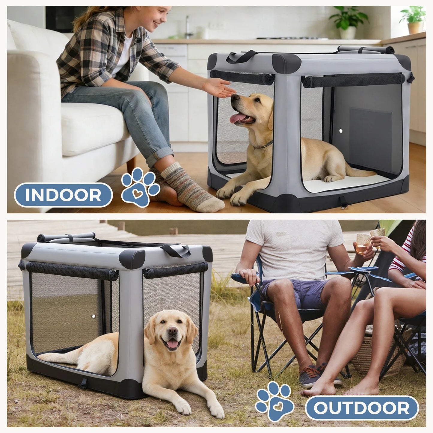 JHK 600D Oxford Foldable Dog Crate With Three Doors Indoor