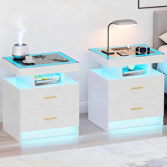 Wireless Charging Nightstand With Auto Sensor LED End Table