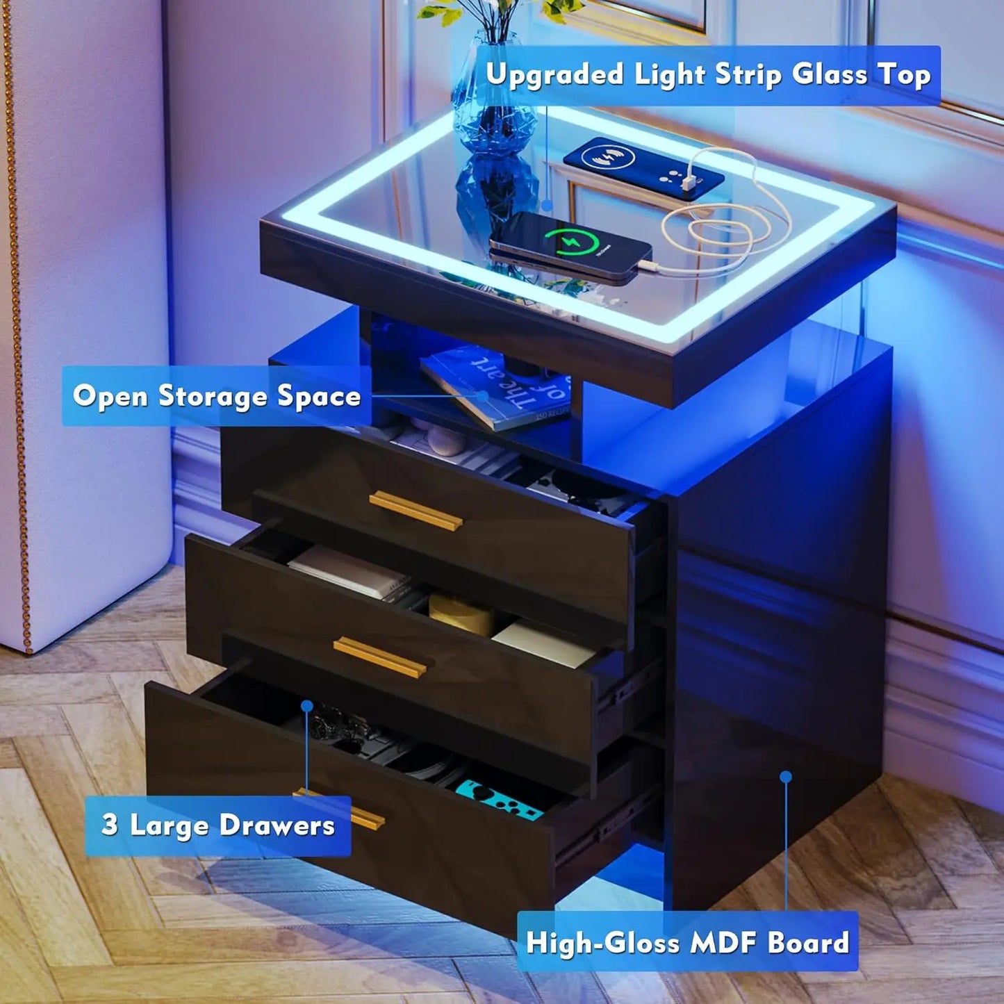 Wireless Charging Nightstand With Auto Sensor LED End Table