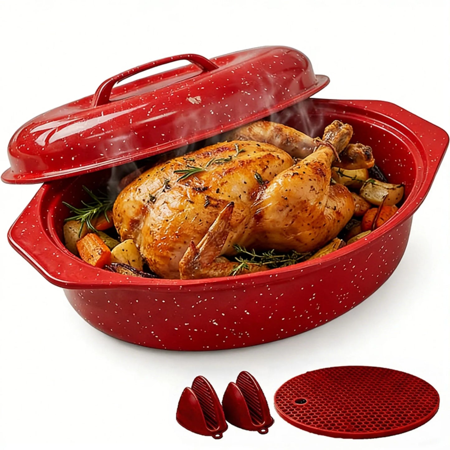Enameled Oval Roaster With Lid, 7lb Poultry Capacity, Dishwasher Safe