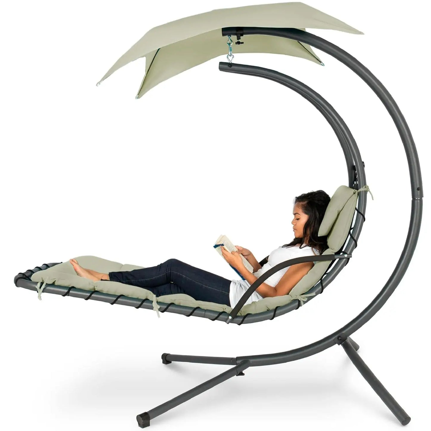 Curved Steel Outdoor Hanging Chaise Lounge Removable Canopy Pillow