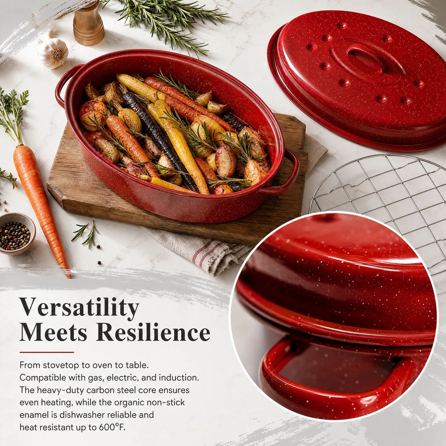 Enamel Carbon Steel Oval Roasting Pan With Lid For Turkey And Vegetables